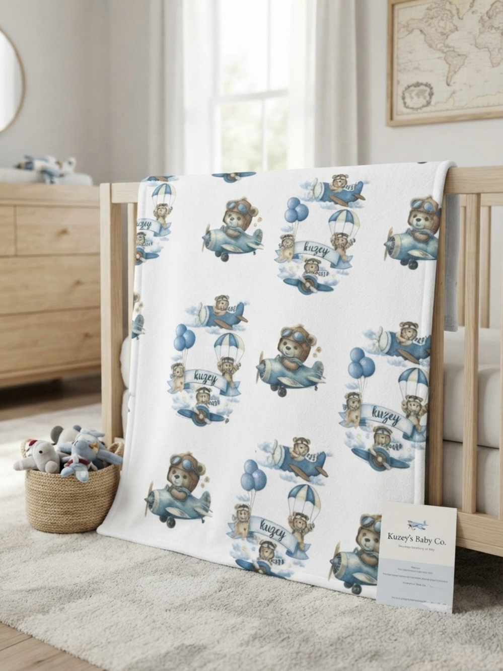 Blue Teddy Airplane Baby Blanket